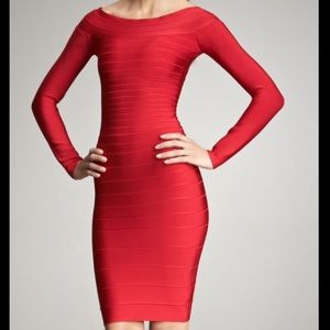 Herve Leger Candice Lipstick Red long-sleeve bandage dress